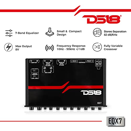 DS18 EQX7 Equalizer 7 Bands with auto Hi/Lo line Selector, Two Rear inputs (Main and Aux), 8 Volts Front, Rear and Sub Output