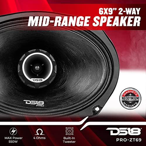 DS18 PRO-ZT69 6x9-Inch 2 Way Pro Audio Midrange Speakers with Built-in Bullet Tweeter 4-Ohms 550W Max 275W RMS Water Resistant - Red Metal Mesh Grill Included (1speaker)