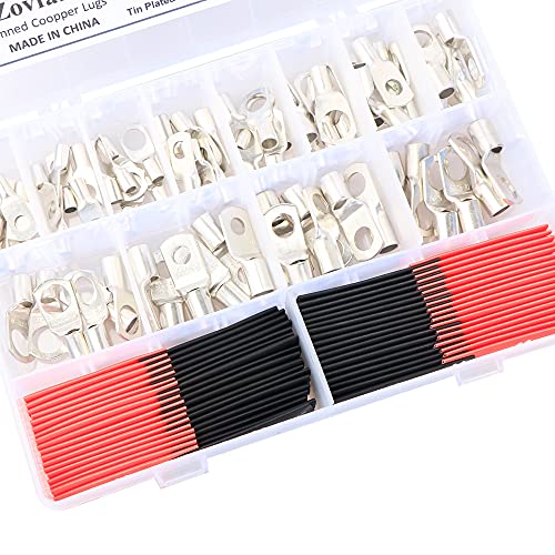Wire Lugs Battery Cable Lugs AWG 10 8 6 4 Marine Grade Tinned Copper Wire Lugs Battery Cable Ends Eyelets SC Ring Terminal Connectors Assortment Kit with Heat Shrink Set-144Pcs