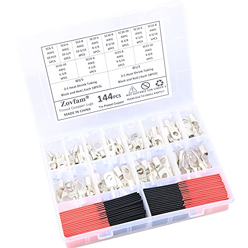 Wire Lugs Battery Cable Lugs AWG 10 8 6 4 Marine Grade Tinned Copper Wire Lugs Battery Cable Ends Eyelets SC Ring Terminal Connectors Assortment Kit with Heat Shrink Set-144Pcs