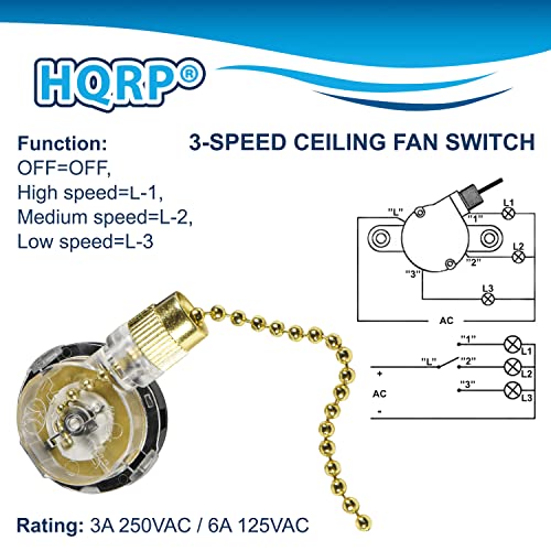 HQRP Kit Ceiling Fan Capacitor CBB61 5uf+5uf 4-Wire UL-Listed and 3-Speed Fan Switch