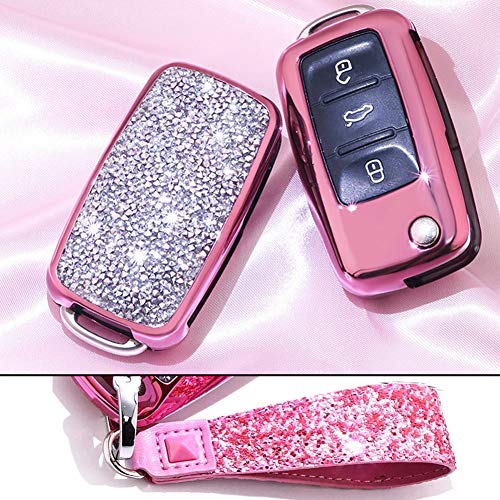 Royalfox(TM) 3 Buttons 3D Bling flip Folding Remote Key Fob case Cover for VW Volkswagen Jetta GTI Passat Golf Tiguan Touareg Beetle Multivan Sagitar Passat Accessories,with Keychain (Pink)