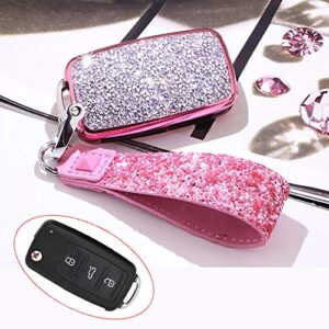 Royalfox(TM) 3 Buttons 3D Bling flip Folding Remote Key Fob case Cover for VW Volkswagen Jetta GTI Passat Golf Tiguan Touareg Beetle Multivan Sagitar Passat Accessories,with Keychain (Pink)