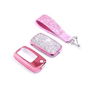 Royalfox(TM) 3 Buttons 3D Bling flip Folding Remote Key Fob case Cover for VW Volkswagen Jetta GTI Passat Golf Tiguan Touareg Beetle Multivan Sagitar Passat Accessories,with Keychain (Pink)