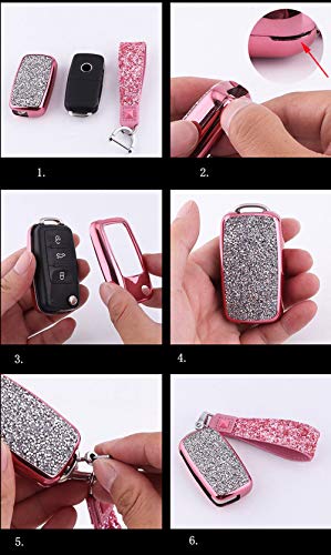 Royalfox(TM) 3 Buttons 3D Bling flip Folding Remote Key Fob case Cover for VW Volkswagen Jetta GTI Passat Golf Tiguan Touareg Beetle Multivan Sagitar Passat Accessories,with Keychain (Pink)