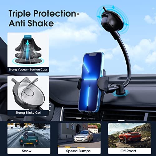 Cell Phone Holder Mount for Car, WIUPUS Dashboard Phone Holder with Anti-Shake Device Long Arm, Car Phone Holder Mount Strong Suction Cup Compatible with iPhone 13 12 11 Pro Max XS Galaxy Note S20 S10