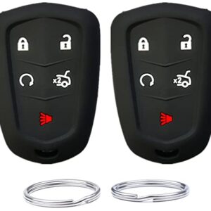 Silicone Key Fob Cover case Compatible with 2014-2019 Cadillac ATS CT6 CTS SRX XT5 XTS Escalade Escalade ESV .Part Number：‎HYQ2AB HYQ2EB（5 Buttons） (Black+Black)