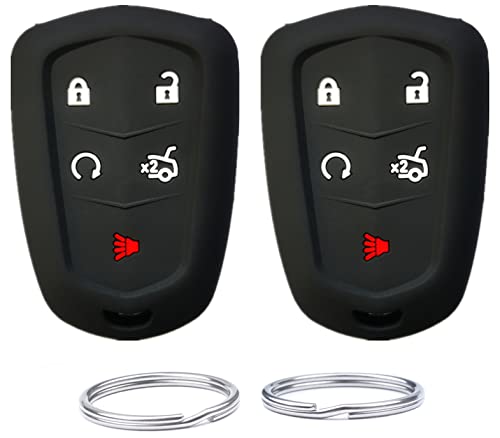 Silicone Key Fob Cover case Compatible with 2014-2019 Cadillac ATS CT6 CTS SRX XT5 XTS Escalade Escalade ESV .Part Number：‎HYQ2AB HYQ2EB（5 Buttons） (Black+Black)