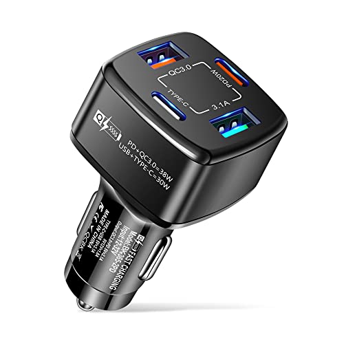 USB C Car Charger, 38W PD &QC3.0 Fast Charging 4 USB Car Charger Adapter, 30W USB-A +Type-C Multi Port Cigarette Lighter USB Charger Compatible with iPhone/Android/Samsung Galaxy S10 S9 Plus (Black)