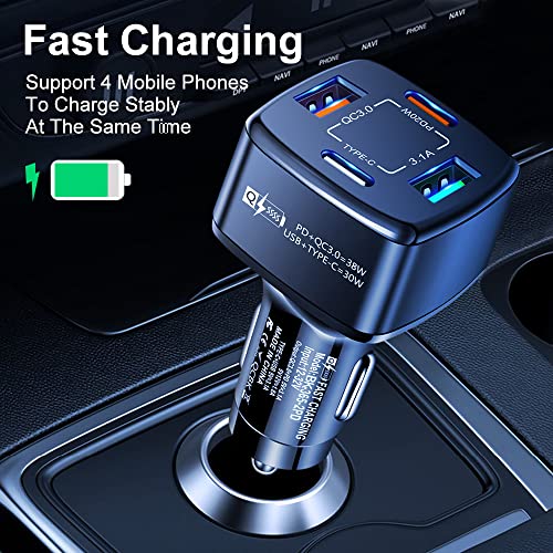 USB C Car Charger, 38W PD &QC3.0 Fast Charging 4 USB Car Charger Adapter, 30W USB-A +Type-C Multi Port Cigarette Lighter USB Charger Compatible with iPhone/Android/Samsung Galaxy S10 S9 Plus (Black)