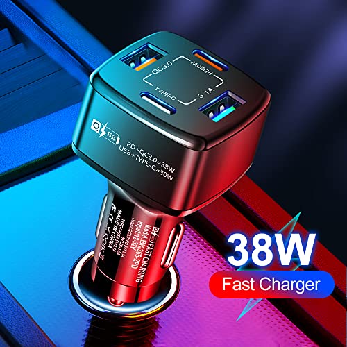 USB C Car Charger, 38W PD &QC3.0 Fast Charging 4 USB Car Charger Adapter, 30W USB-A +Type-C Multi Port Cigarette Lighter USB Charger Compatible with iPhone/Android/Samsung Galaxy S10 S9 Plus (Black)