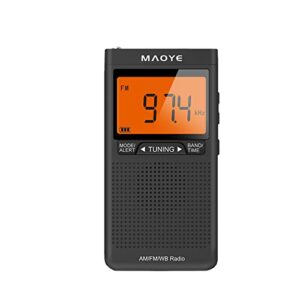 maoye am/fm weather alert radio portable transistor noaa radio with best reception operated by 2 aaa batteries big digital screen stereo earphone jack time setting pocket radio (black)