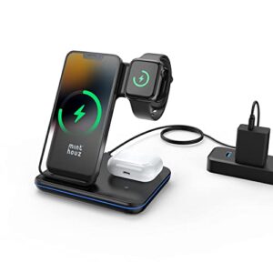 minthouz 3 in 1 wireless charger, 18w fast wireless charging station for multiple devices apple watch, airpods, wireless charger stand compatible with iphone 14/13/12/11 series, samsung (with adapter)