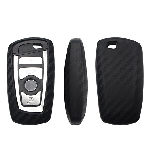 M.JVisun Soft Silicone Rubber Carbon Fiber Texture Cover Protector for BMW Key Fob, Car Remote Key Fob Case for BMW 1-Series 2 3 4 5 6 7 Series X3 X4 M2 M3 M4 M5 M6 - Black - Round Keychain