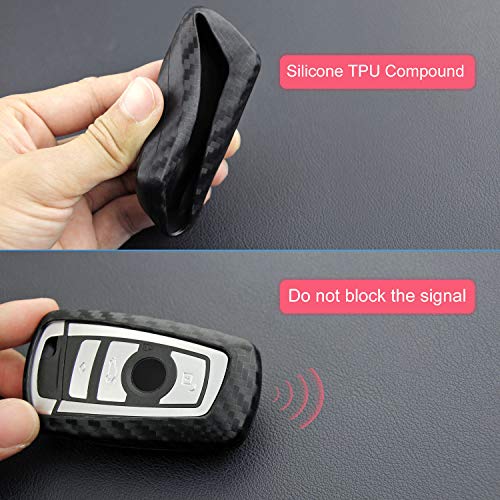 M.JVisun Soft Silicone Rubber Carbon Fiber Texture Cover Protector for BMW Key Fob, Car Remote Key Fob Case for BMW 1-Series 2 3 4 5 6 7 Series X3 X4 M2 M3 M4 M5 M6 - Black - Round Keychain