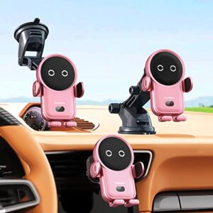 Wireless Car Charger with Suction Cup and Vent Clip,15W Fast Charging Kharly Car Phone Charger Holder,Smart Sensor Auto-Clamping Fashion Phone Holder Mount for Car for iPhone 14 Pro/13 Samsung etc