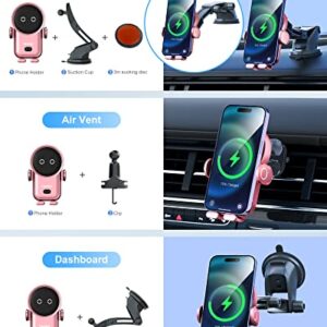 Wireless Car Charger with Suction Cup and Vent Clip,15W Fast Charging Kharly Car Phone Charger Holder,Smart Sensor Auto-Clamping Fashion Phone Holder Mount for Car for iPhone 14 Pro/13 Samsung etc