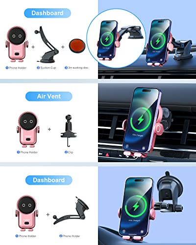 Wireless Car Charger with Suction Cup and Vent Clip,15W Fast Charging Kharly Car Phone Charger Holder,Smart Sensor Auto-Clamping Fashion Phone Holder Mount for Car for iPhone 14 Pro/13 Samsung etc