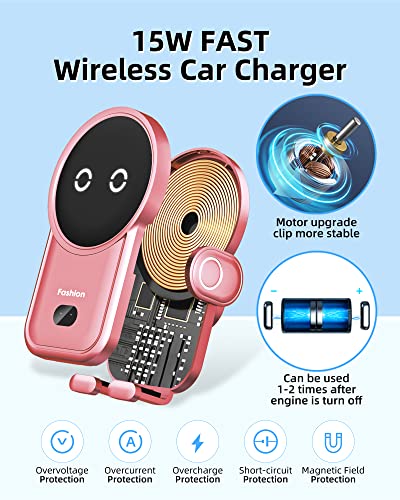 Wireless Car Charger with Suction Cup and Vent Clip,15W Fast Charging Kharly Car Phone Charger Holder,Smart Sensor Auto-Clamping Fashion Phone Holder Mount for Car for iPhone 14 Pro/13 Samsung etc