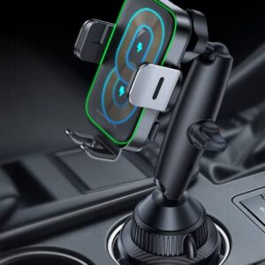 APPS2Car Dual Coil Wireless Car Charger Auto Clamping 15W Cup Holder Phone Mount Wireless Charger Fast Charge Tri-Pivots Height Angle Adjustable Phone Holder for Car Truck iPhone 14 13 Samsung S23 S22