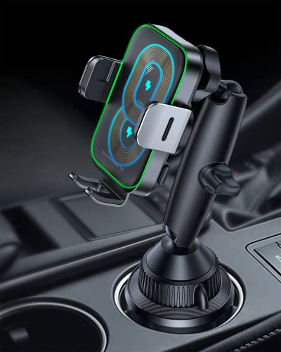 APPS2Car Dual Coil Wireless Car Charger Auto Clamping 15W Cup Holder Phone Mount Wireless Charger Fast Charge Tri-Pivots Height Angle Adjustable Phone Holder for Car Truck iPhone 14 13 Samsung S23 S22