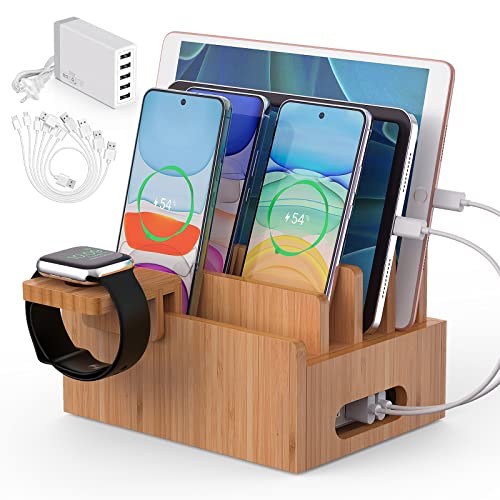 BEEBO BEABO Bamboo Charging Station, Wood Holder Docking Stand, Cell Phone Charging Stations Compatible with Phone, Tablet, Watch(Include 5 Port USB Charger, 6 Charging Cables and Watch Stand)