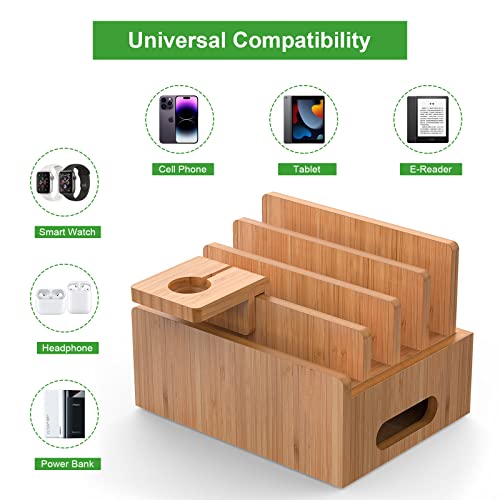 BEEBO BEABO Bamboo Charging Station, Wood Holder Docking Stand, Cell Phone Charging Stations Compatible with Phone, Tablet, Watch(Include 5 Port USB Charger, 6 Charging Cables and Watch Stand)