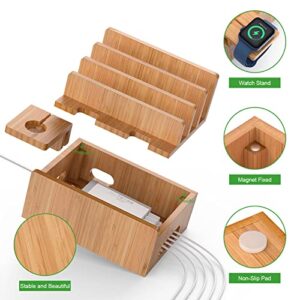 BEEBO BEABO Bamboo Charging Station, Wood Holder Docking Stand, Cell Phone Charging Stations Compatible with Phone, Tablet, Watch(Include 5 Port USB Charger, 6 Charging Cables and Watch Stand)