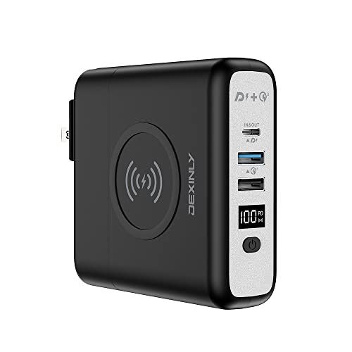 DEXINLY Portable Wireless Charger Power Bank,10000mAh 3-in-1,PD20W USB-C,QC3.0 USB-A Fast Charging Power Bank with Wall Plug, Travel Charger with External Battery Pack for iPhone,iPad,Android (Black)