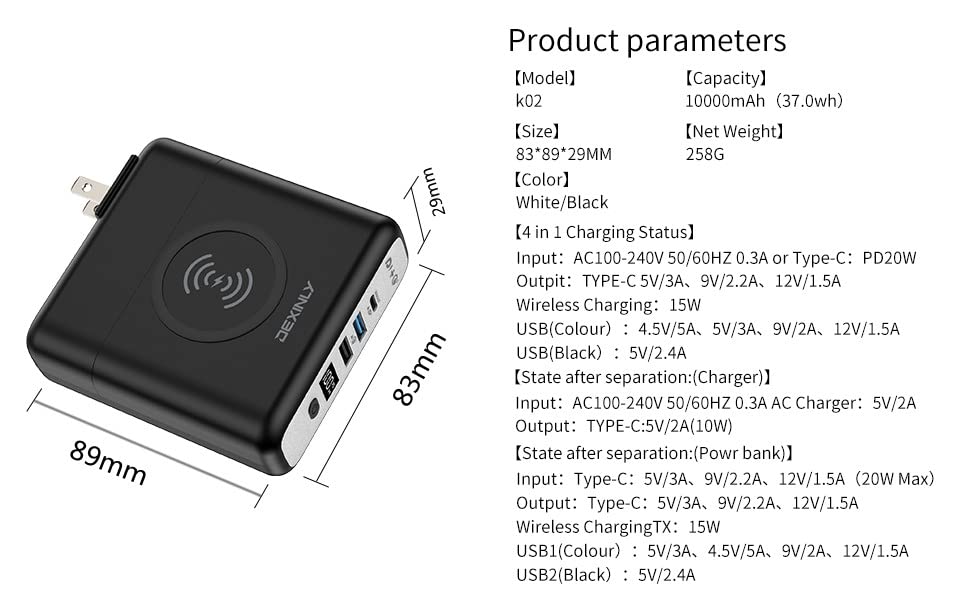 DEXINLY Portable Wireless Charger Power Bank,10000mAh 3-in-1,PD20W USB-C,QC3.0 USB-A Fast Charging Power Bank with Wall Plug, Travel Charger with External Battery Pack for iPhone,iPad,Android (Black)