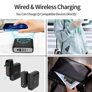 DEXINLY Portable Wireless Charger Power Bank,10000mAh 3-in-1,PD20W USB-C,QC3.0 USB-A Fast Charging Power Bank with Wall Plug, Travel Charger with External Battery Pack for iPhone,iPad,Android (Black)