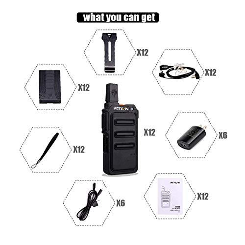 Case of 12, Retevis RT19 Walkie Talkies with Earpiece, Mini Two Way Radio Rechargeable,0.7 Inches Thick, Metal Clip, for Adults Commercial Restaurant Healthcare