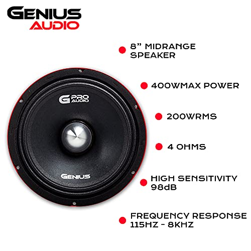 Genius GPRO-M028 8" 400 Watts-Max Midrange Car Audio Speaker 4-Ohms Aluminium Basket