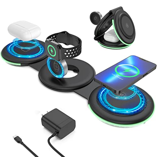 3 in 1 Magnetic Foldable Wireless Charging Station,Folding Charger Dock Stand for Travel Mag-Safe Apple iPhone 14/13/12/11/Pro/Max/XS/XR/X/Plus/Apple Watch 7/6/5/4/3/2/SE, AirPods 3/2(with Adapter)