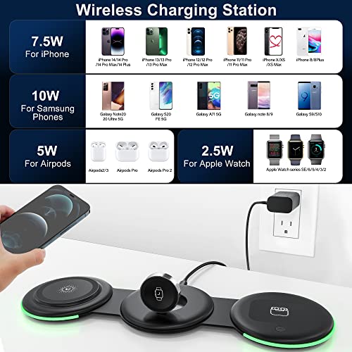3 in 1 Magnetic Foldable Wireless Charging Station,Folding Charger Dock Stand for Travel Mag-Safe Apple iPhone 14/13/12/11/Pro/Max/XS/XR/X/Plus/Apple Watch 7/6/5/4/3/2/SE, AirPods 3/2(with Adapter)