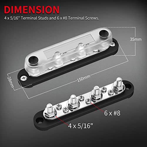 DAIERTEK Bus Bar Terminal Block 4 x 5/16" (M8) Terminal Stud, 6 x #8 (M4) Screw Terminal Positive & Ground Power Distribution Block with Cover Marine Bus Bar 12V - 48V for Automotive Car Boat