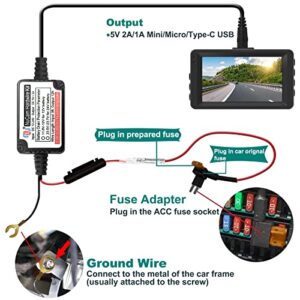 15ft Micro USB & Mini USB Dash Cam &Type-C Hardwire Kit w. Mini(ACS)/LP Mini(ACN)/ATO(ATC or ACU)/Micro2(ACZ) Fuse, Micro to Mini/USB-C Port Adapters & 11.9V Real Battery Drain Protection