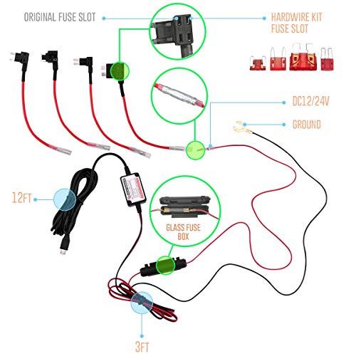 15ft Micro USB & Mini USB Dash Cam &Type-C Hardwire Kit w. Mini(ACS)/LP Mini(ACN)/ATO(ATC or ACU)/Micro2(ACZ) Fuse, Micro to Mini/USB-C Port Adapters & 11.9V Real Battery Drain Protection