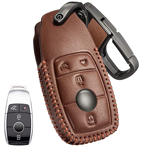 Slohif for Benz Leather Key Fob Cover Accessories for 2020-2021 Mercedes GLC 300 GLB 250 GLE350 4 Buttons, Leather Case+D-Ring+Hook(Brown)