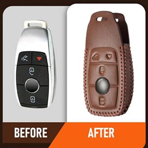 Slohif for Benz Leather Key Fob Cover Accessories for 2020-2021 Mercedes GLC 300 GLB 250 GLE350 4 Buttons, Leather Case+D-Ring+Hook(Brown)