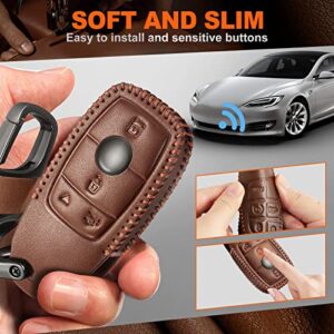 Slohif for Benz Leather Key Fob Cover Accessories for 2020-2021 Mercedes GLC 300 GLB 250 GLE350 4 Buttons, Leather Case+D-Ring+Hook(Brown)