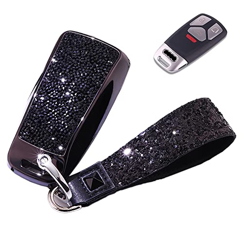 SANRILY 1Pcs Sparkling Bling Key Fob Cover Case for Audi A4 Q7 Q5 TT A5 A6 SQ5 R8 S4 S5 Keyless Entry Remote Key Holder Samrt Key Protector with Keychain Black