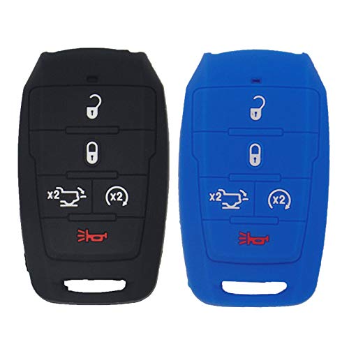 WEIBISS 2 Pack 5 Buttons Smart Rubber Key Fob Remote Cover Keyless Entry Case Holder Protector Skin Compatible with Dodge 2021 2020 2019 Ram 1500 Pickup 68291690AB/AC/AD, Black Blue