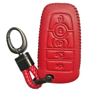 hand sewing red leather key cover fob case protector jacket remote bag for 2017 ford fusion f250 f350 f450 f550 edge 2018 2019 2020 explorer expedition 2021 lincoln nautilus 5 buttons smart key