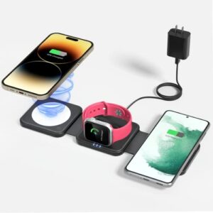 3 in 1 foldable wireless charger, joygeek magnetic wireless charging pad, mag-safe wireless charging station for iphone 14/13/12/11 series, apple watch, airpods (qc 24w adapter included)