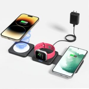 3 in 1 Foldable Wireless Charger, JoyGeek Magnetic Wireless Charging Pad, Mag-Safe Wireless Charging Station for iPhone 14/13/12/11 Series, Apple Watch, AirPods (QC 24W Adapter Included)