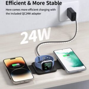 3 in 1 Foldable Wireless Charger, JoyGeek Magnetic Wireless Charging Pad, Mag-Safe Wireless Charging Station for iPhone 14/13/12/11 Series, Apple Watch, AirPods (QC 24W Adapter Included)