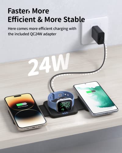 3 in 1 Foldable Wireless Charger, JoyGeek Magnetic Wireless Charging Pad, Mag-Safe Wireless Charging Station for iPhone 14/13/12/11 Series, Apple Watch, AirPods (QC 24W Adapter Included)