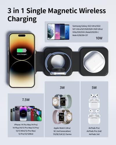 3 in 1 Foldable Wireless Charger, JoyGeek Magnetic Wireless Charging Pad, Mag-Safe Wireless Charging Station for iPhone 14/13/12/11 Series, Apple Watch, AirPods (QC 24W Adapter Included)