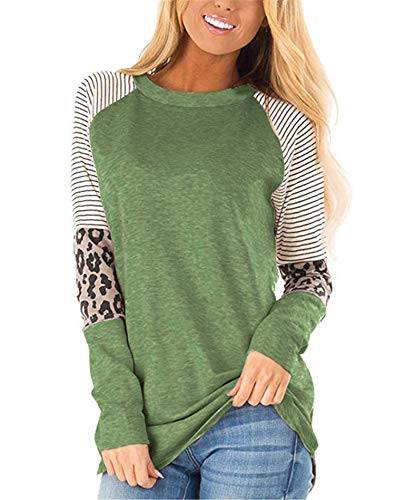 Andongnywell Women's Crew Neck Long Sleeve Leopard Print Color Block Casual Loose T-Shirt Tops Blouse (Army Green,Medium)